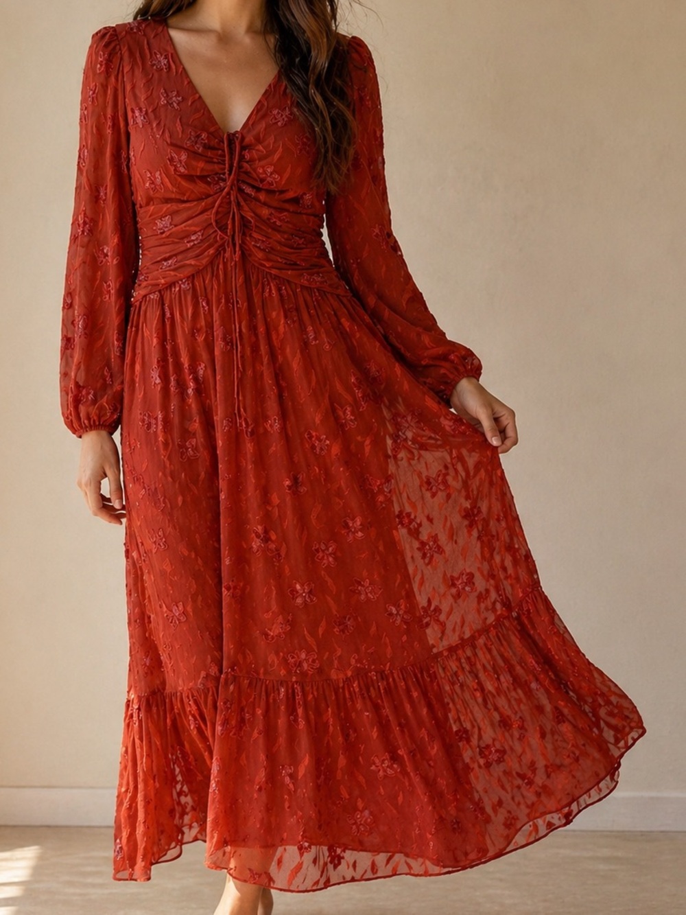 Floret Studios Floral Ruched Sheer Long Sleeve Maxi Dress S
